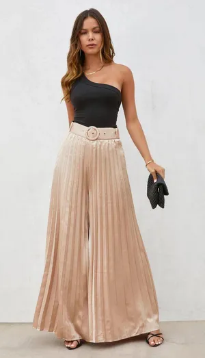 VICI NWT Flying Tomato True Elegance Satin Pleated Belted Wide Leg Pants in light taupe. Size Large thumbnail 1