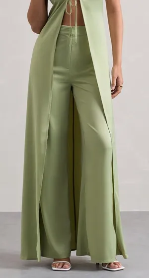 NWT Club L London Satin Wide Leg Trouser Sage Green High Rise Size US 8 thumbnail 1