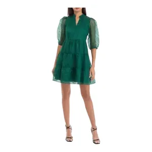 Crown & Ivy Tiered Mini Dress Womens Large‎ Green Striped Puff Sleeve Babydoll thumbnail 2