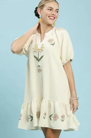Umgee Embroidered Floral Babydoll Dress - ECRU - Medium thumbnail 1
