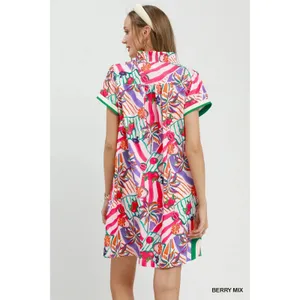 Umgee Tropical Print Collared Shift Dress - Berry Mix - Small thumbnail 3