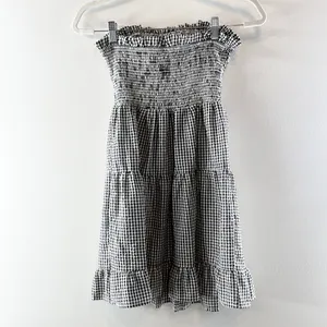 Goodnight Macaroon Strapless Smocked Bodice Tiered Gingham Mini Dress Black S thumbnail 4