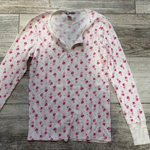Victoria's Secret White and Pink Floral Long Sleeve Henley Long Pajama Top thumbnail 1