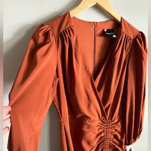 Rust Ruched Cocktail Midi Dress Puff Sleeve Wedding Guest Size 4 thumbnail 5