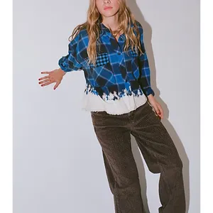 BDG‎ Urban Outfitters Rayne Flannel Boxy Cropped Button-down Shirt Blue Large thumbnail 2