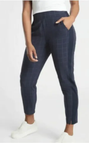 Athleta Brooklyn Textured Ankle Pants Womens 2 Blue Check Tapered Elastic Waist thumbnail 1