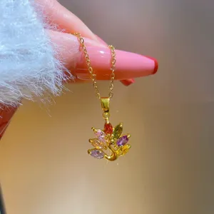 18K Gold Plated Colorful Crystal Peacock Pendant Necklace for Women thumbnail 3