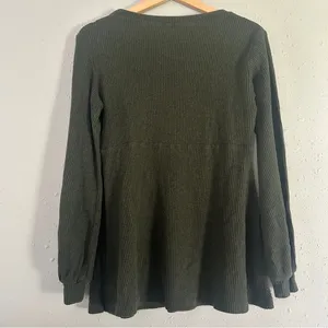 Olive Green Ribbed Knit Top Babydoll Blouse Maternity Casual Comfy Medium thumbnail 4
