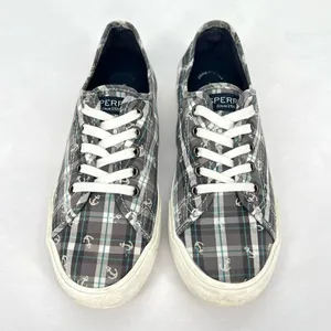 Sperry Pier View Anchor Plaid Gray Blue White Canvas Laced Slip On Sneakers 7.5 thumbnail 2