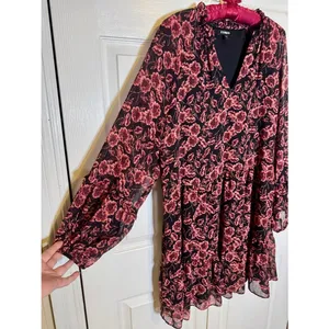 EXPRESS XL Black Mini Dress Black Rose Pink Floral Print Chiffon Flowy Flirty thumbnail 7