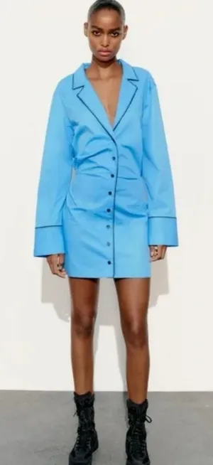 ZARA Short Trench Coat Deep V-Neck Cotton Button-Up Shirt Dress‎ Blue Size Large thumbnail 1