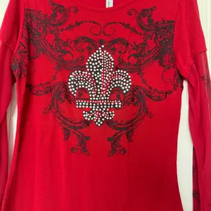 Y2K Gothic Rhinestone Fleur-de-Lis Mesh Sleeve Top ❤️ Red & Black Baroque | Mi Manchi Small thumbnail 3