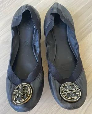 Tory Burch Black Leather Flats with Gold Logo thumbnail 1