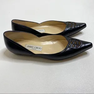 Jimmy Choo Black Leather Pointed Toe Lattice Cutout Flats Size 35 Made in Italy thumbnail 6
