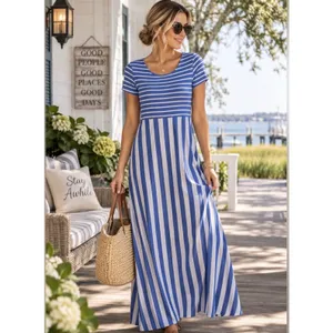 Matilda Jane Womens Blue White Mixed Stripe Short Sleeve Maxi Dress Size M NWT thumbnail 5