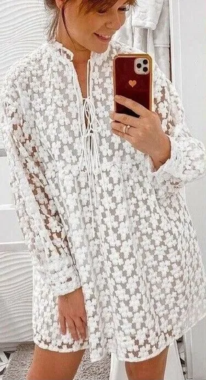 Zara White Floral Embroidered Babydoll Mini Dress V-Neck Tie Balloon Sleeve XS thumbnail 1
