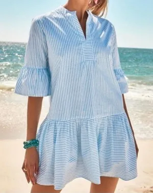 Addison Bay Blue White Striped Tiered Mini Sun Shirt Dress Cotton Poplin Medium thumbnail 1