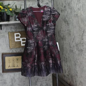 NWT Vince Camuto Womens Jacquard Fit Flare Puff Sleeve Dress VC4M5667 Wine Red 8 thumbnail 4