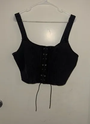 wild fable Black Lace-Up Denim Corset Crop Top thumbnail 1