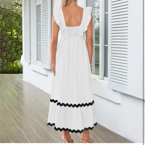 NEW White Flutter Sleeve Square Neck Rickrack Tiered Pockets Midi Lined Dress XL thumbnail 2