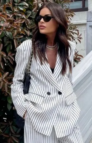 Zara Oversised White Blazer with Black Pinstripes Size XS thumbnail 1