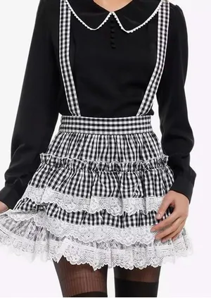 Hot Topic Thorn & Fable Black & White Gingham Lace Tiered Skirtall thumbnail 1