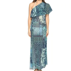 Fuzzi Italy Lace Mosaic Print One Shoulder Mesh Maxi Dress Turquoise Blue XL‎ thumbnail 7