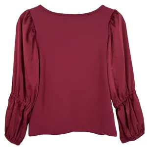 Anthropologie Maeve Ribbed Tiered Sleeve Mixed Media Top‎ Burgundy Size Small thumbnail 5