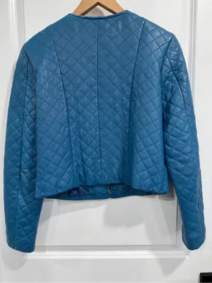 VTG Newport News Quilted Leather Jacket Size 6 Blue Collarless Zip Front thumbnail 4
