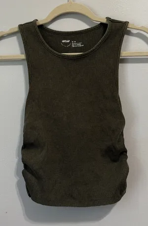 Aerie Ribbed Cropped Ruched Tank Top Olive Green Size Medium thumbnail 1