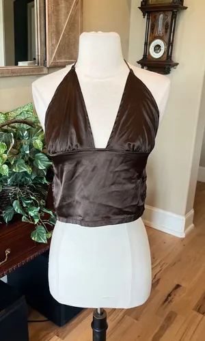 Satiny Halter Crop Top in Chocolate Brown thumbnail 1