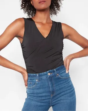 NWT Express Body Contour Silky Wrap Tank Top Shell V-Neck Black Sz L thumbnail 1