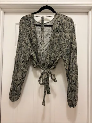 Women's Long-Sleeve Tie-Front Blouse in Olive Floral Print thumbnail 2
