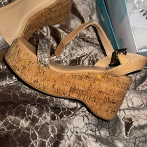Elegant Tan Wedge Sandals with Rhinestone Accents *NEW. NEVER WORN* thumbnail 4