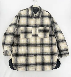 Miss Love Plaid Shacket Women M Black Cream Tan Oversized Wool Blend Long Jacket thumbnail 1