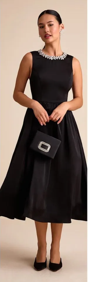 Lulus Marietta Black Satin Rhinestone Sleeveless Midi Dress Size Large Formal thumbnail 1