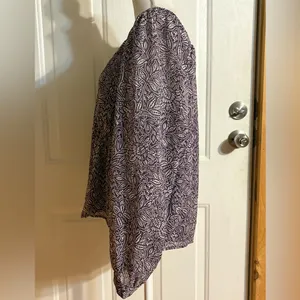LOFT Purple & White Floral V-Neck Long Sheer Sleeve Blouse thumbnail 3