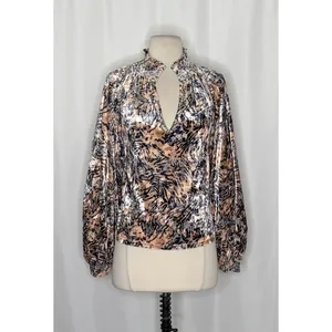 FREE PEOPLE Smocked Crushed Velvet Top Blouse Go Get 'Em Tiger Animal Small thumbnail 2