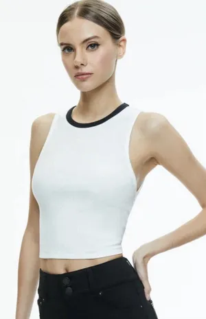 Alice & Olivia Woman’s White Black Ribbed Cropped Andre Tank Top Large Crew thumbnail 1