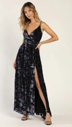 NWT Lulus Pretty Companion Black Floral Velvet Burnout Maxi Dress Holiday Sz XS thumbnail 1