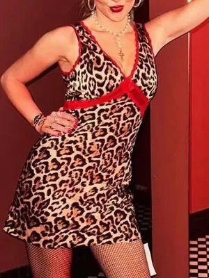 Kiwi & Co. NWT Cheetah Charm Leopard Print Red Lace Trim Mini Slip Dress thumbnail 1