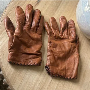 FRYE Vintage Chestnut Brown Leather Gloves Stitched Trimmed Hem thumbnail 9