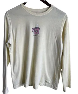 Life is Good Top Women Medium Yellow Coffee Start Me Up Graphic Pullover Cotton thumbnail 9