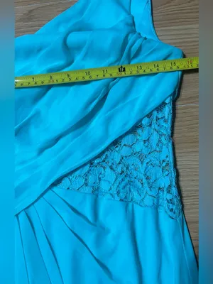 David’s bridal Malibu blue one-shoulder floor length, lace inset @one waistline. thumbnail 7