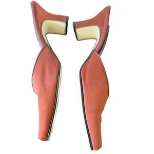 Y2k 90s Minimalist Orange Red Rust Satin Square Toe Chunky Kitten Heel thumbnail 3