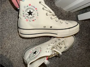 Converse High Top Sneakers in Cream with Pink & Green Floral Embroidery thumbnail 2