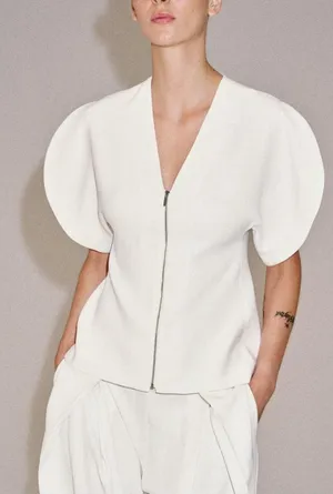 Zara NWT White Structured Zip-Front Top with Split puff Sleeves thumbnail 1