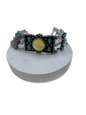 Boho Southwestern Multi-Stone Statement Bracelet Yellow Cabochon Silver Tone thumbnail 5