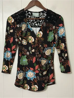 Maeve Black Floral Crochet Lace Yoke Top Boho Anthropologie Blouse Size S thumbnail 1