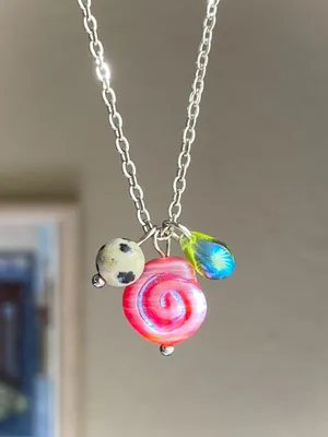Handmade stainless steel chain & Czech glass mix boho funky necklace 🌀🩷 thumbnail 4